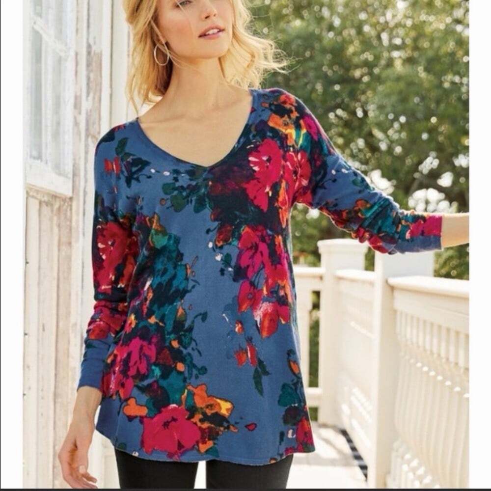 Soft Surroundings Fleur Aquarelle Floral Print V-Neck Cotton Sweater Size L Boho
